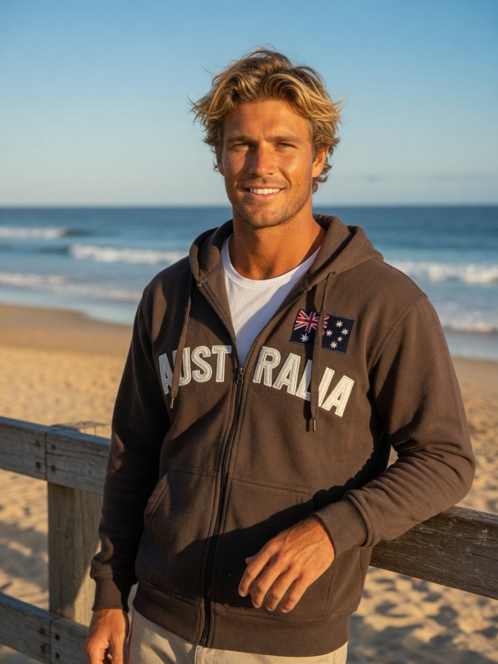 Australia Lettering Brown Zip Hoodie